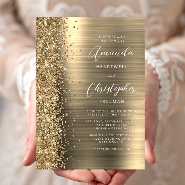 Goldbrushed Metal Glitter Script Hochzeit Einladung (Von Creator hochgeladen)