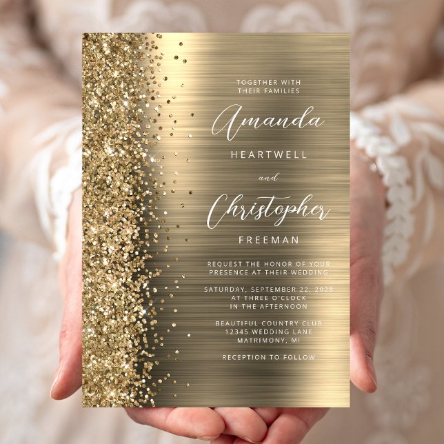 Goldbrushed Metal Glitter Script Hochzeit Einladung (Von Creator hochgeladen)