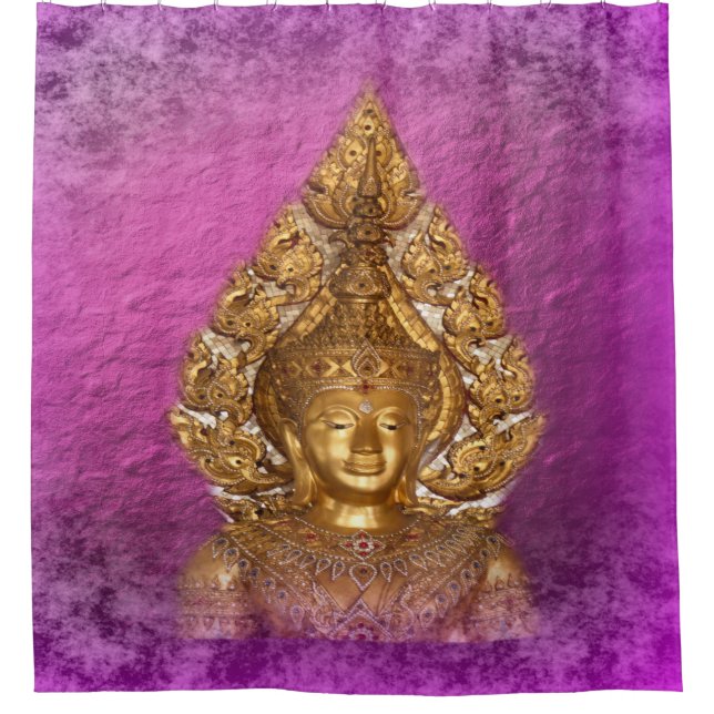 Goldbuddha in lila duschvorhang (Vorderseite)