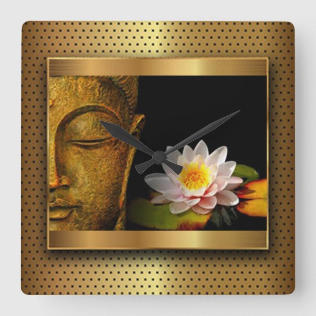 Goldbuddha mit Lotus-Blume Quadratische Wanduhr (Vorderseite)