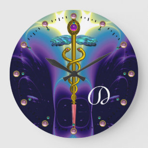 GOLDCADUCEUS medizinisches Symbol-blaues lila Große Wanduhr
