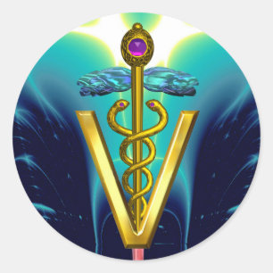 GOLDcaduceus-VETERINÄRsymbol blaues aquamarines Runder Aufkleber