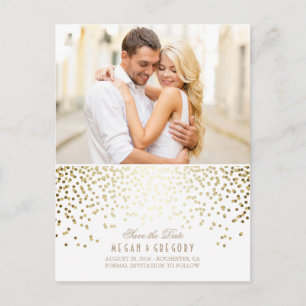 Goldconfetti-weißes elegantes Foto Save the Date Ankündigungspostkarte