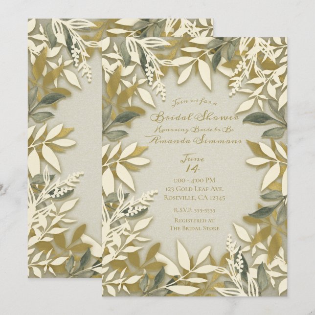 Goldcreme Ecru Botanische Blätter Bridal Einladung (Vorne/Hinten)