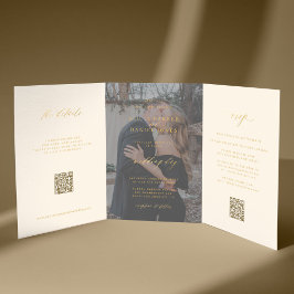 Goldcreme Foto Hochzeit RSVP Details QR-Code Dreifach Gefaltete Einladung