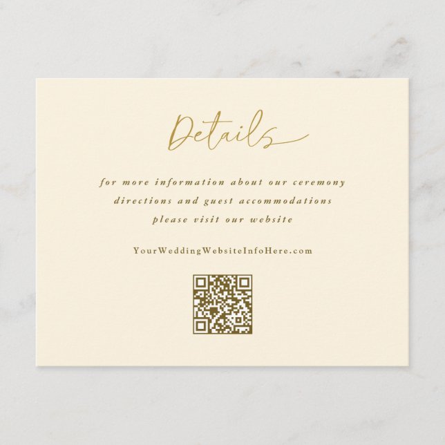 Goldcreme Hochzeit Moderne Handschrift Details QR Begleitkarte (Vorderseite)