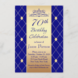 Golddiamantenmuster auf der blauen 70. Geburtstags Einladung
