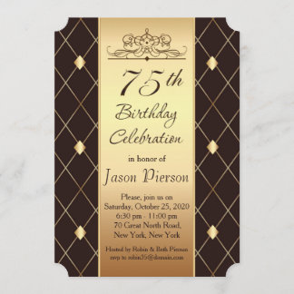 Golddiamantenmuster auf der braunen 75. Geburtstag Einladung