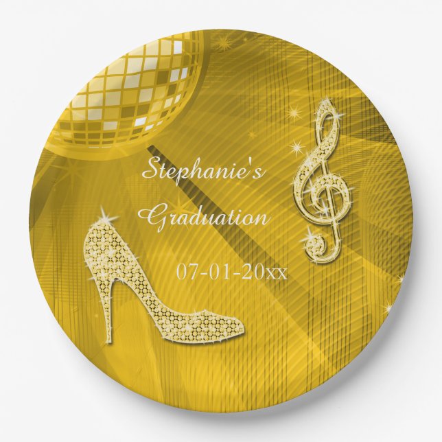 Golddisco-Ball-und Heels-Abschluss Pappteller (Vorderseite)
