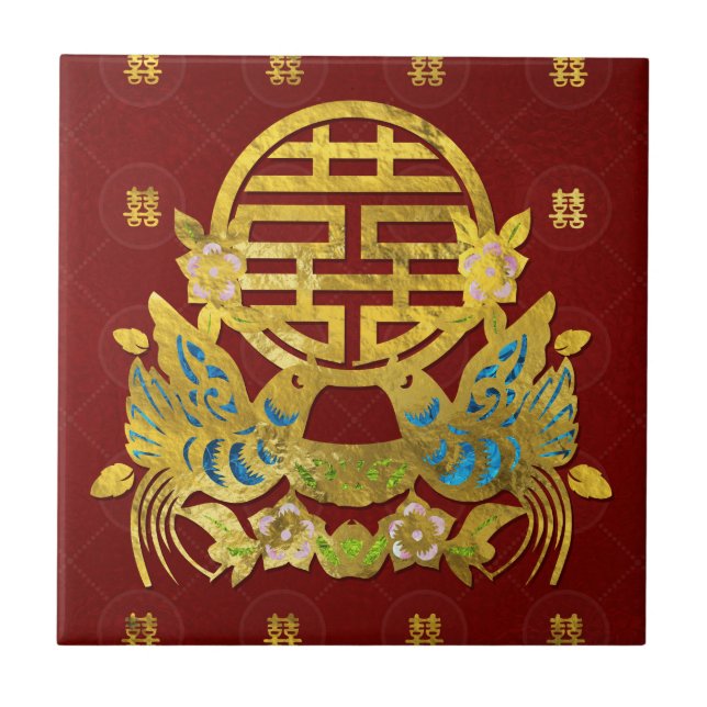 Golddoppeltes Glück-Symbol mit Vögeln Fliese (Vorderseite)