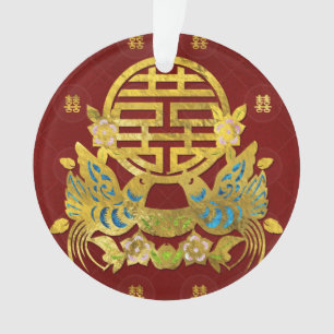 Golddoppeltes Glück-Symbol mit Vögeln Ornament