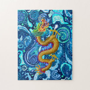 Golddrache auf blauen Waves Puzzle