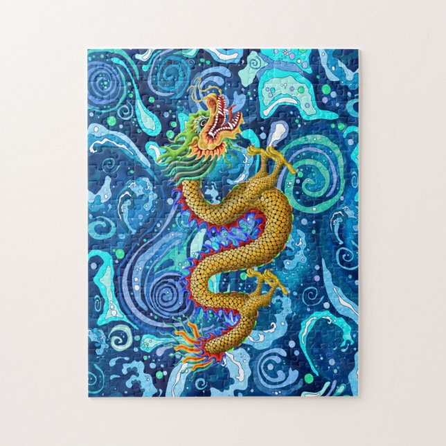 Golddrache auf blauen Waves Puzzle (Vertikal)