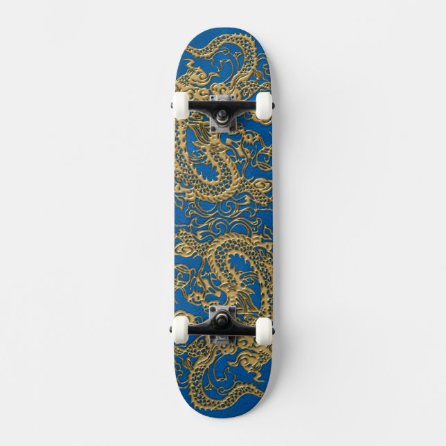 Golddrache auf Lapis Blue Leather Textur Skateboard (Vorderseite)