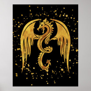 Golddrache im Sternenposter im schwarzen Hintergru Poster