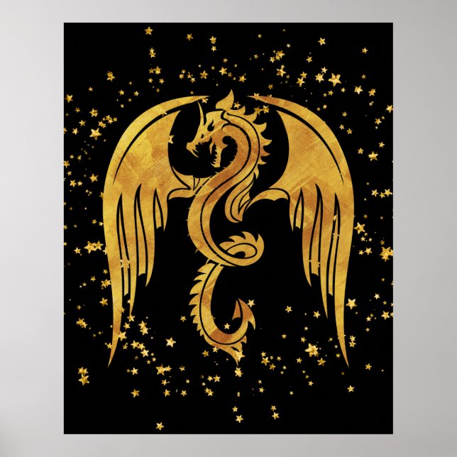Golddrache im Sternenposter im schwarzen Hintergru Poster (Vorne)