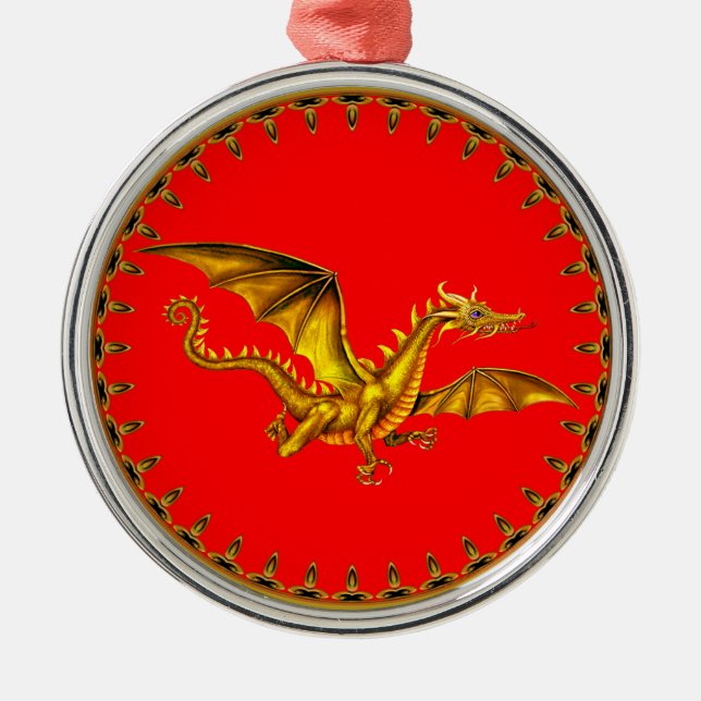 Golddrache mit rotem Hintergrund Silbernes Ornament (Vorne)