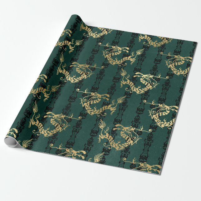 Golddrachen auf Grün Geschenkpapier (Ungerollt)