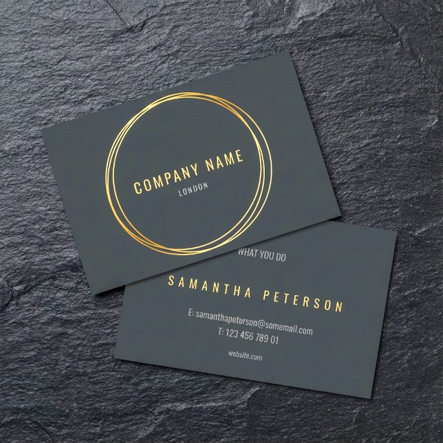 Goldeffekt, Goldringe, dunkelgrauer Text Visitenkarte (Gold effect, gold rings, dark grey bold text business card.)
