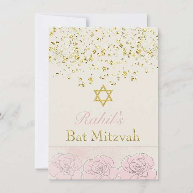 Goldeffekt Konfetti, rosa Rosa Bat MItzvah Einladu Einladung (Vorderseite)
