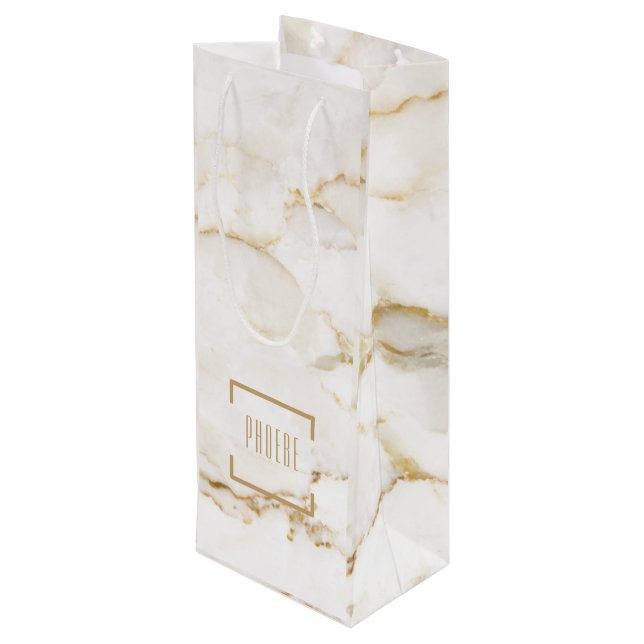 Goldeffektkarton mit personalisiertem Namen Geschenktüte Für Weinflaschen (Rückseite Schrägansicht)