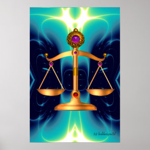 GOLDEINE WAAGSCHALEN DES RECHTS MIT EDDELSTEINEN, POSTER