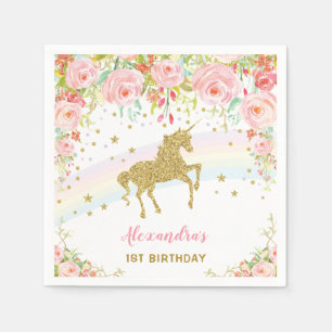 GoldEinhorn-Rosa-Blumengeburtstags-Papierserviette Serviette