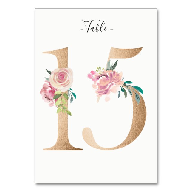 Golden 15 Floral Tischnummer Card (Vorderseite)