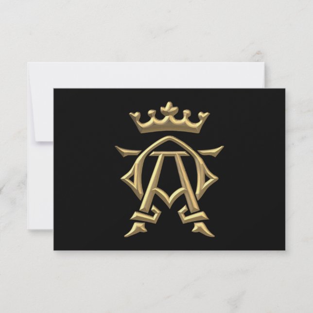 Golden "3-D" Alpha and Omega w/Crown Symbol RSVP Karte (Vorderseite)
