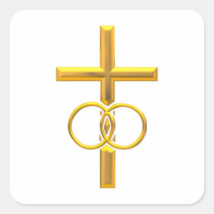 Golden 3-D Cross mit Hochzeitsrennen Quadratischer Aufkleber