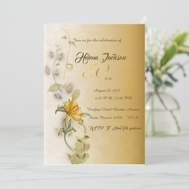 Golden 50. Geburtstagsfeier Einladung (Stehend Vorderseite)