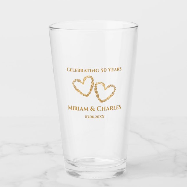 Golden 50 th Wedding Anniversary Heart Personalisi Glas (Vorderseite)