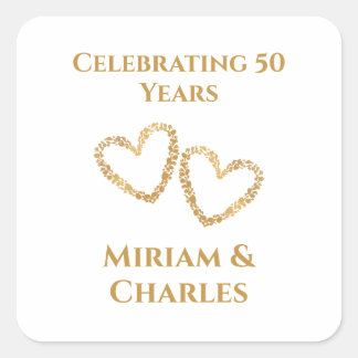 Golden 50 th Wedding Anniversary Heart Personalisi Quadratischer Aufkleber