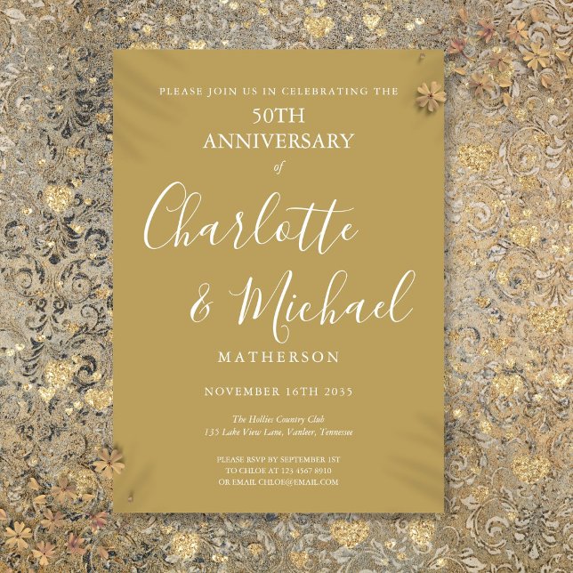 Golden 50 th Wedding Anniversary Modern Script Einladung (Golden 50th Wedding Anniversary Modern Script Invitation)