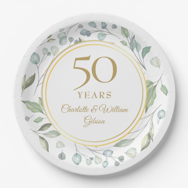 Golden 50 Wedding Jubiläum Laurel Greenery Pappteller (Vorderseite)