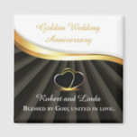 Golden 50. Wedding Religious Jubiläum Magnet<br><div class="desc">Dieses Gratulationsgeschenk ist der perfekte Weg, um ein Paar 50. Hochzeitstag mit einer religiösen Touch zu gedenken. Das Design besteht aus zwei Herzklingeln, die mit einem goldenen Aussehen auf einem schwarzen Hintergrund verwoben sind, was die anhaltende Liebe und das gegenseitige Engagement des Paares symbolisiert. Es ruft ein Gefühl göttlicher Gnade...</div>