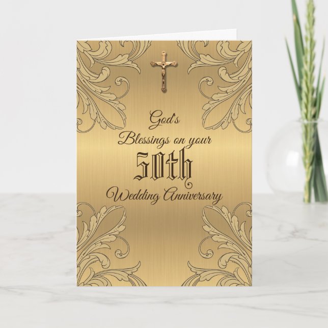 Golden 50th Wedding Anniversary Crucifix Scripture Karte (Vorderseite)
