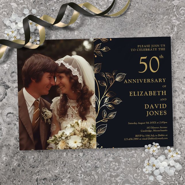 Golden 50th Wedding Anniversary Foto Einladung (Golden 50th Wedding Anniversary Photo Invitation)