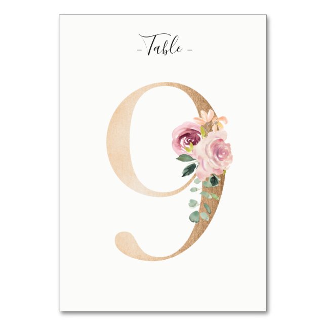 Golden 9 Floral Tischnummer Card (Vorderseite)