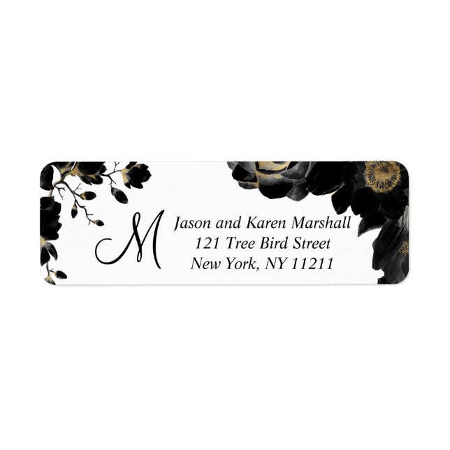 Golden Accented Black Floral Address Labels (Vorne)