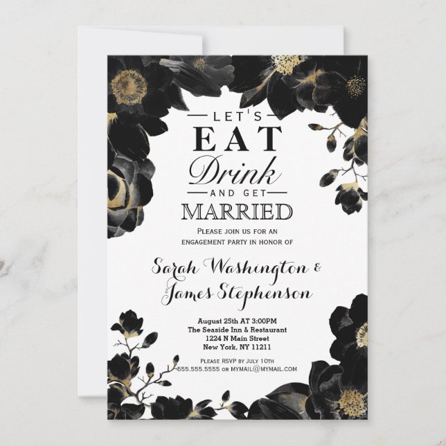 Golden Accented Black Floral Engagement Party Einladung (Vorderseite)