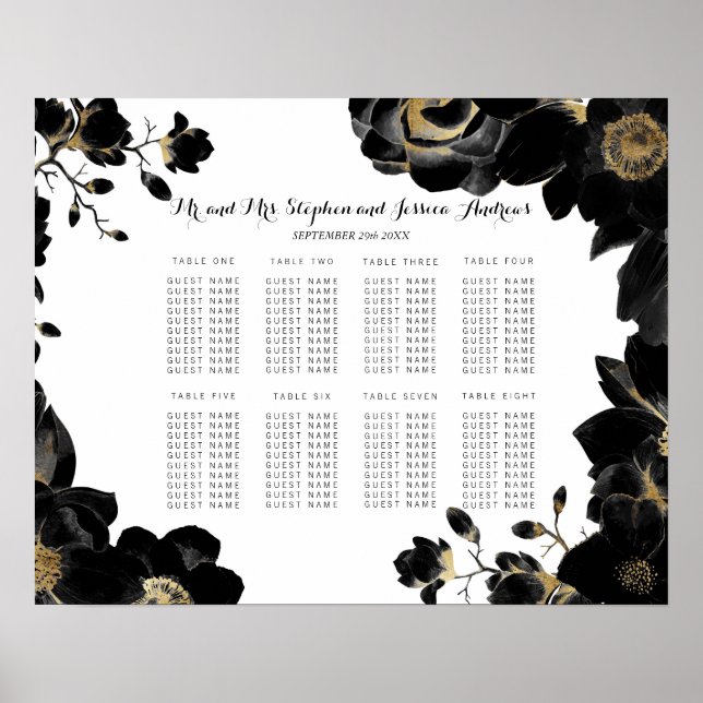 Golden Accented Black Floral Seating Chart Poster (Vorne)