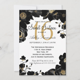 Golden Accented Black Floral Sweet 16 Einladungen