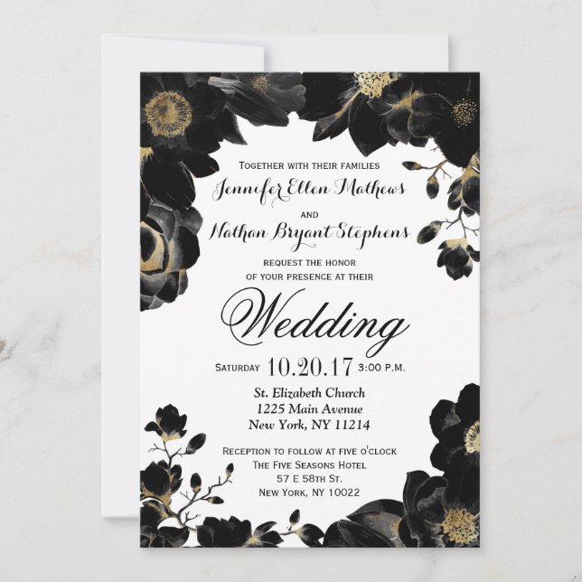 Golden Accented Black Floral Wedding Einladungen (Vorderseite)
