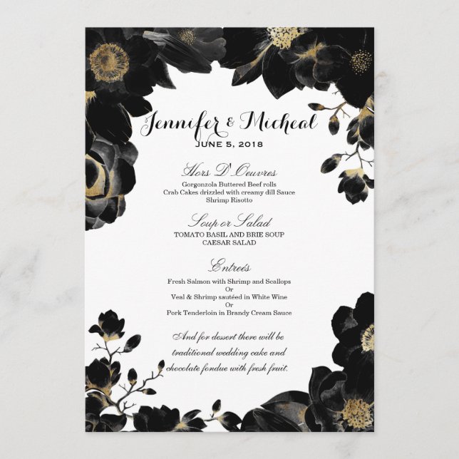Golden Accented Black Floral Wedding Menu Menükarte (Vorderseite)