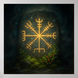 Golden AEgishjálmur - Norse Protection Sigil in En Poster