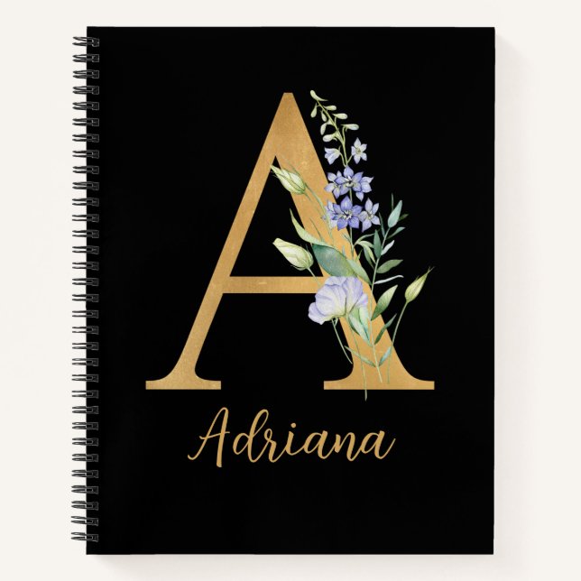 Golden Alphabet A mit Blume Personalisiert Notizbuch (Vorderseite)