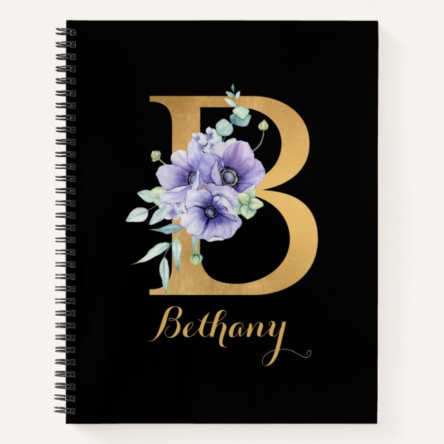 Golden Alphabet B mit Blume Personalisiert Notizbuch (Vorderseite)