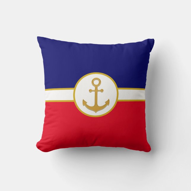 Golden Anchor auf Navy Blue, Red & White Kissen (Vorderseite)