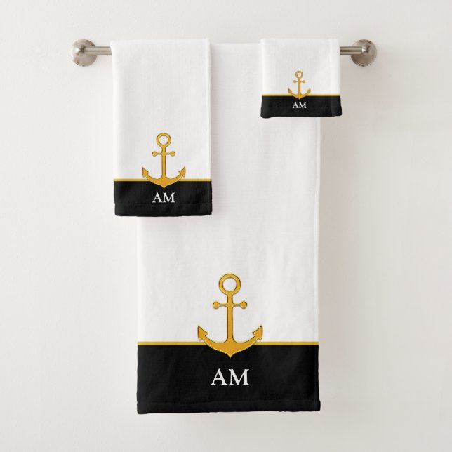 Golden Anchor & Monogram auf Schwarz und Weiß Badhandtuch Set (Insitu)